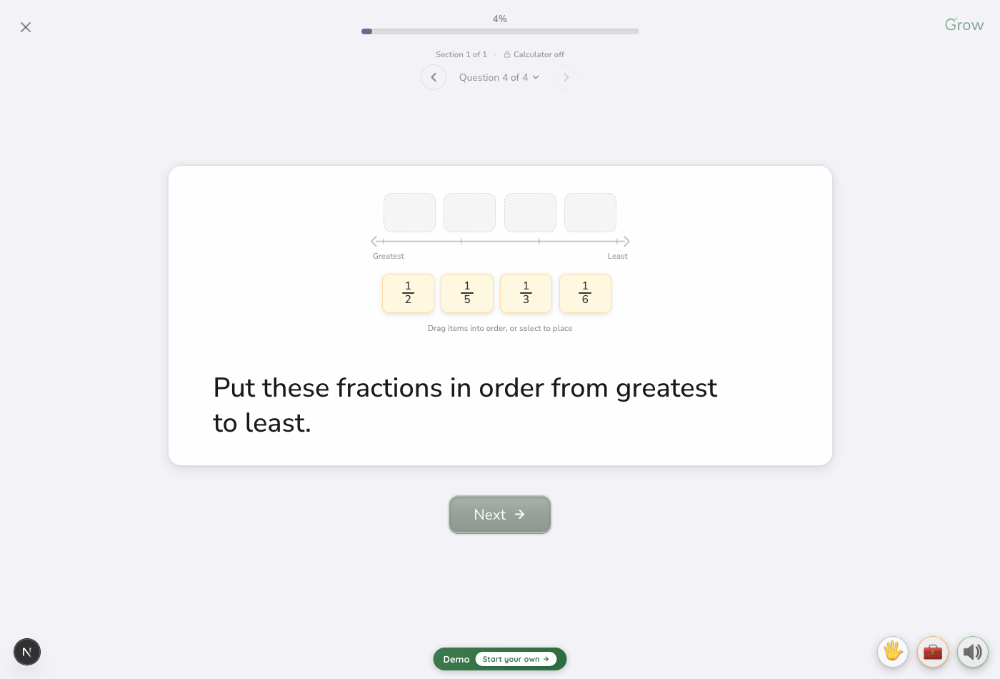 A Grow assessment math item as a student sees it: the question pane with answer choices on a clean white testing surface