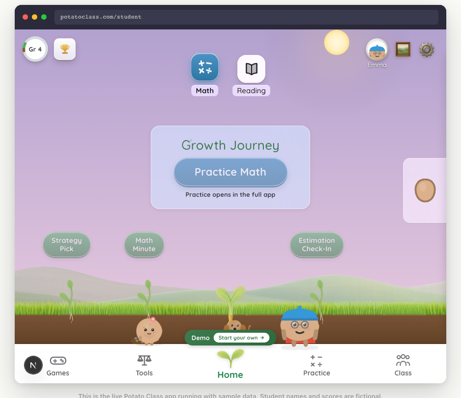 The student home: a garden scene under the app's evening sky — subject tiles, the Growth Journey panel, sprouting skill plants on the soil, and the student's potato companion